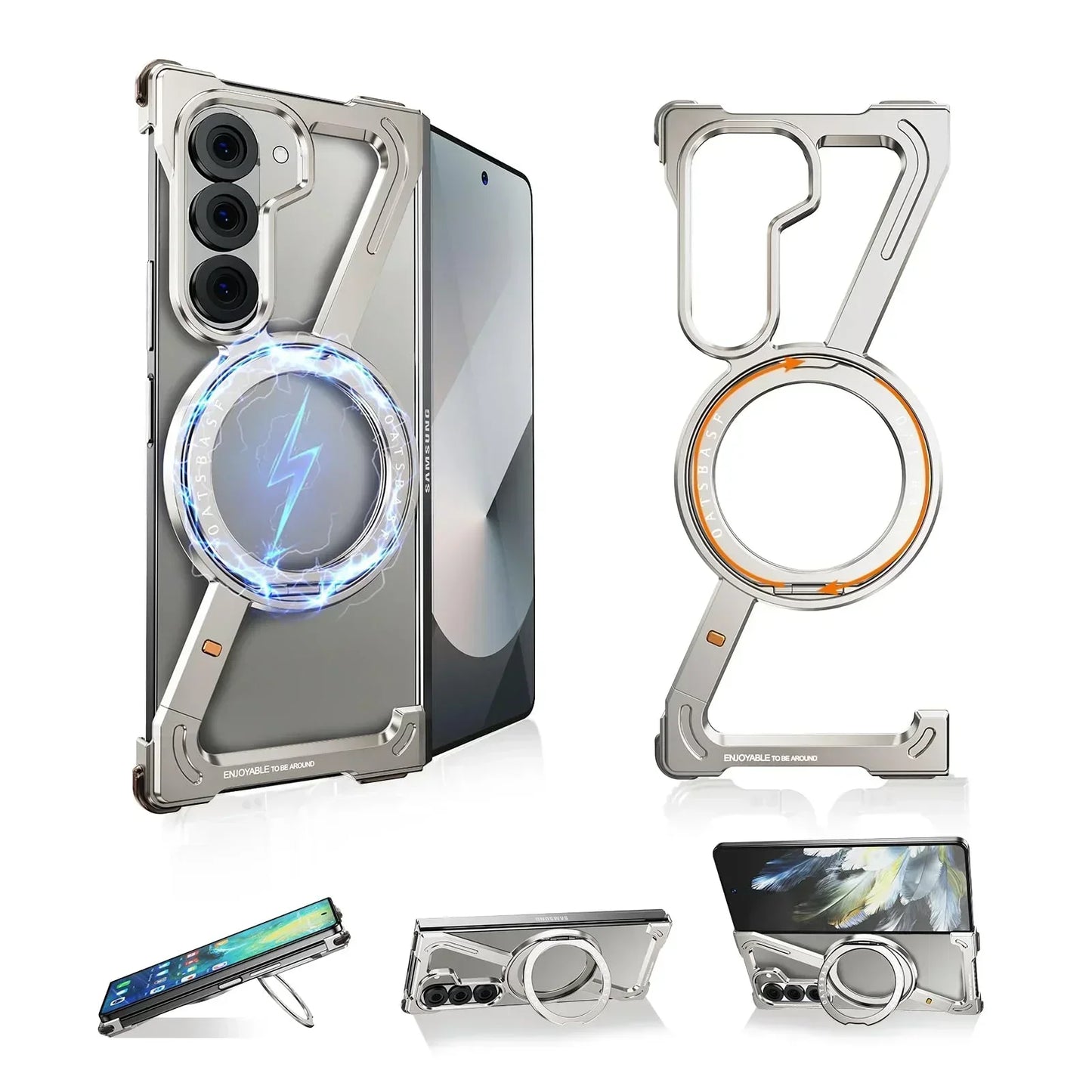 Collage of phone cases with unique designs on a white background