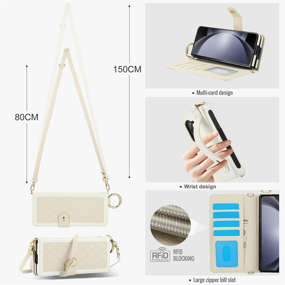 Beige crossbody bag with measurements and features highlighted on a white background