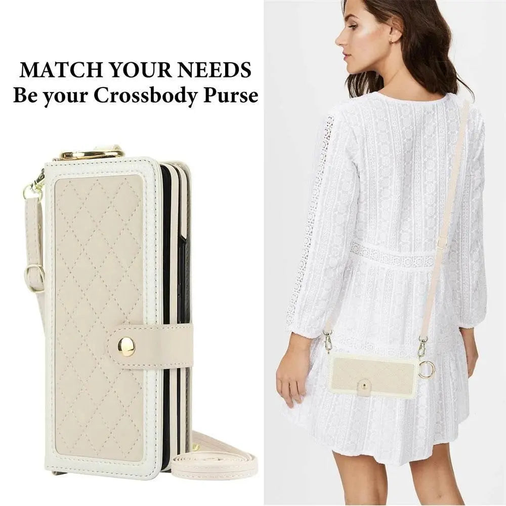 Beige quilted FoldifyCase crossbody phone case purse shown on a woman in white dress