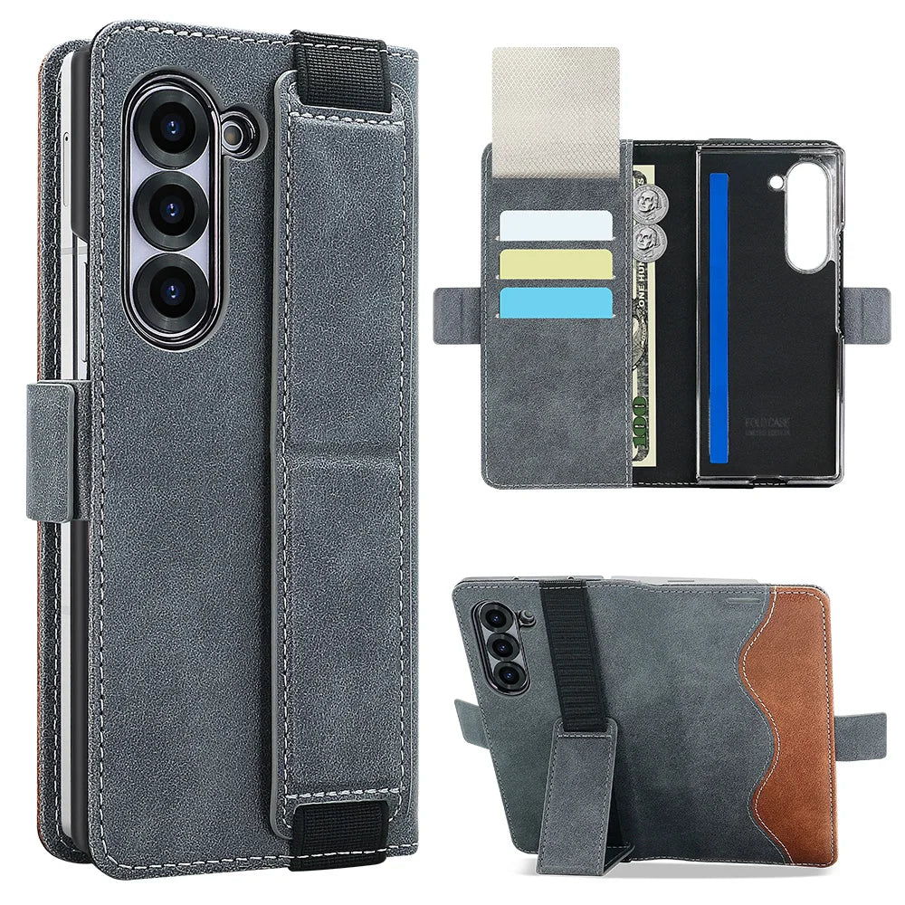 Gray phone case with card slots and stand feature on a white background