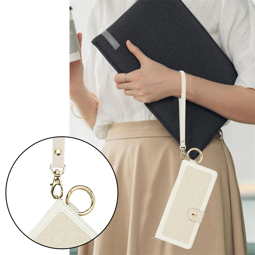 Person holding a black folder with a white lanyard and pouch, with text on lanyard size.