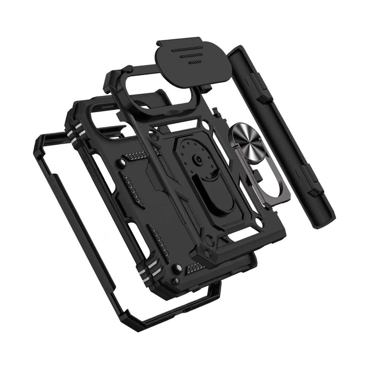 Sentinel H1 iPhone Duo rugged case in Black - exploded view of hard PC shell, soft TPU inner case and metal frame