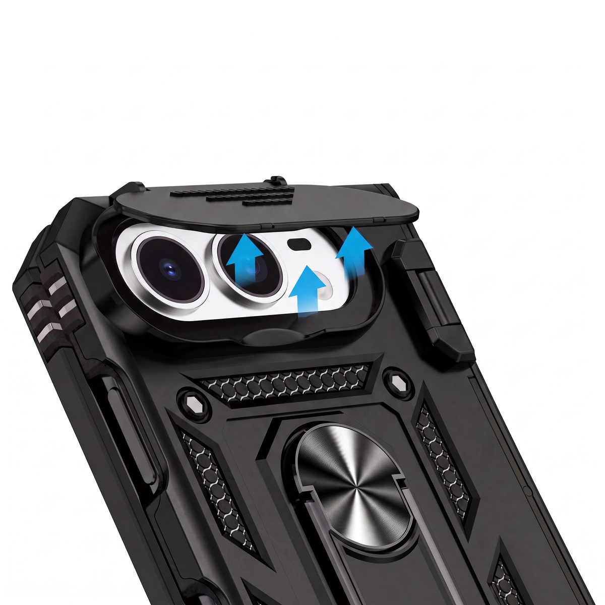 Sentinel H1 iPhone Duo rugged case in Black - camera cover close-up