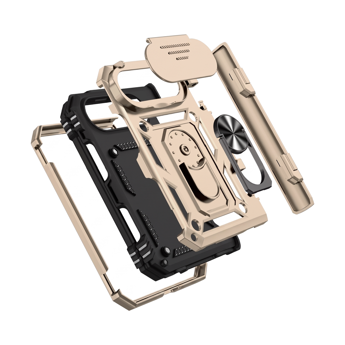 Sentinel H1 iPhone Duo rugged case in Gold - exploded view of hard PC shell, soft TPU inner case and metal frame