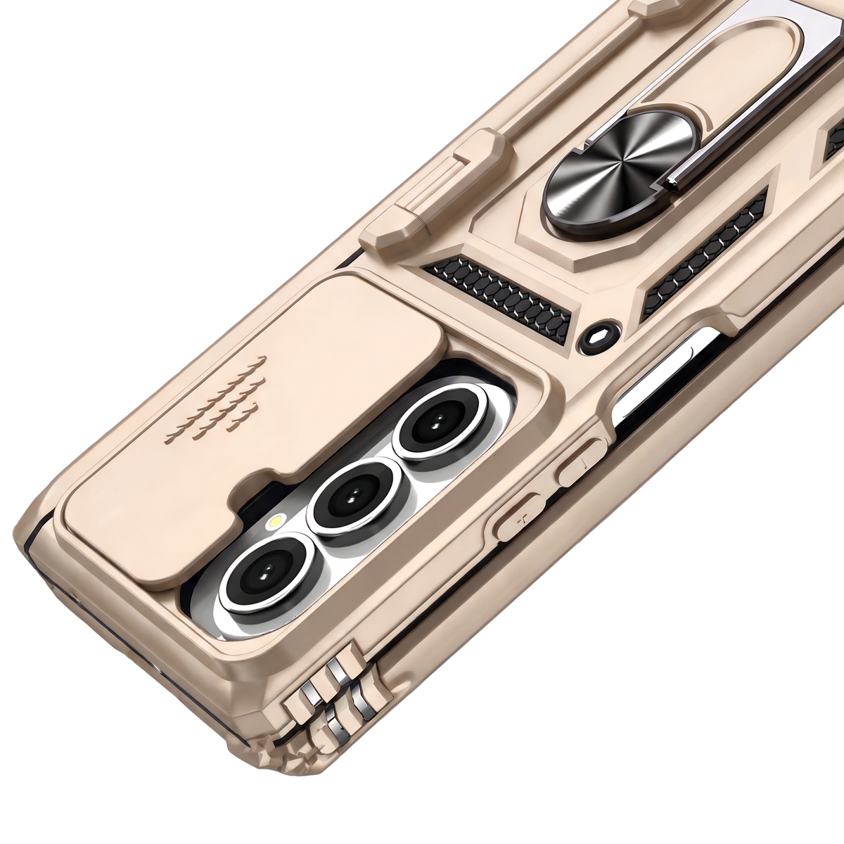 Sentinel H1 Galaxy Z Fold case in Gold - back detail with camera cutout, ring and grip panels