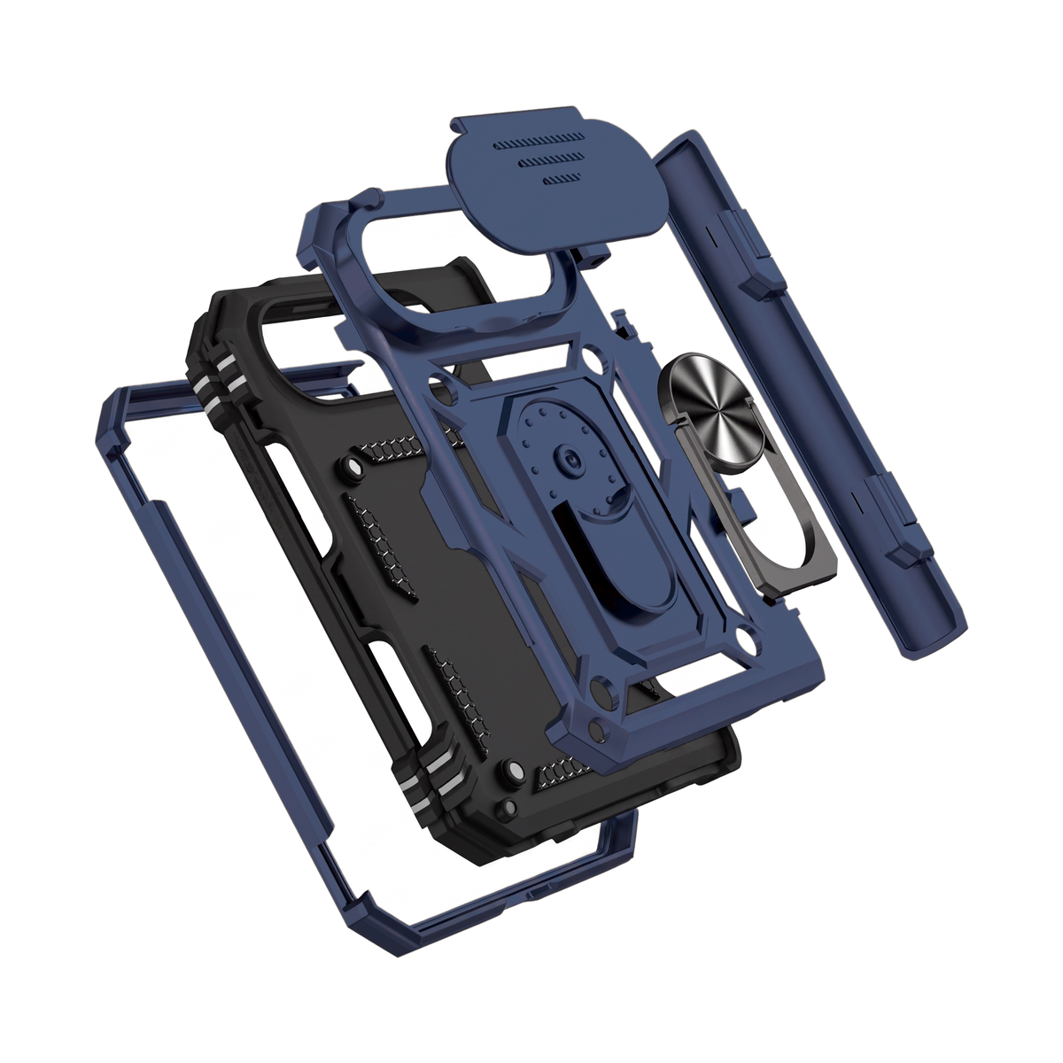 Sentinel H1 iPhone Duo rugged case in Navy Blue - exploded view of hard PC shell, soft TPU inner case and metal frame