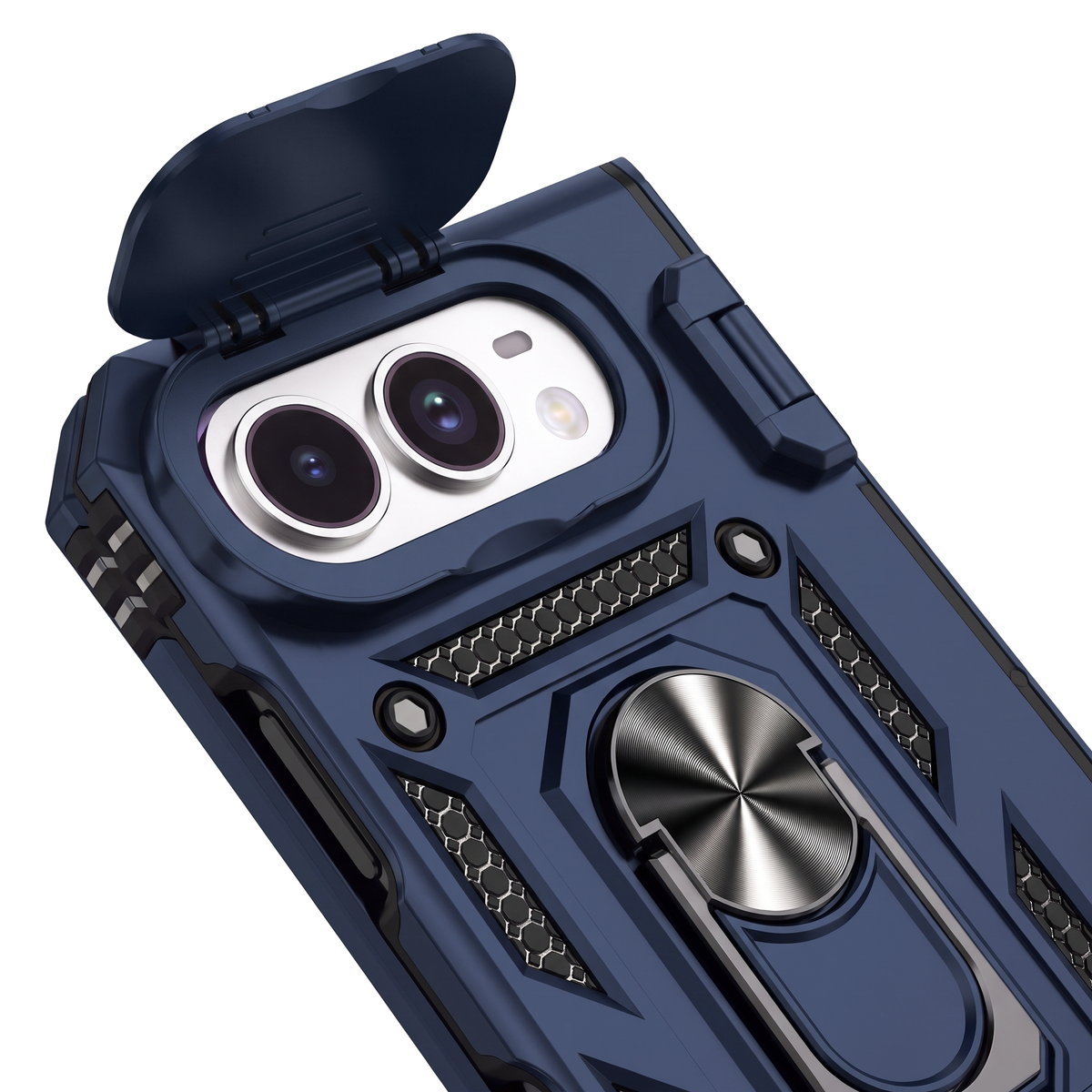 Sentinel H1 iPhone Duo rugged case in Navy Blue - back detail with flip camera cover, ring and grip panels