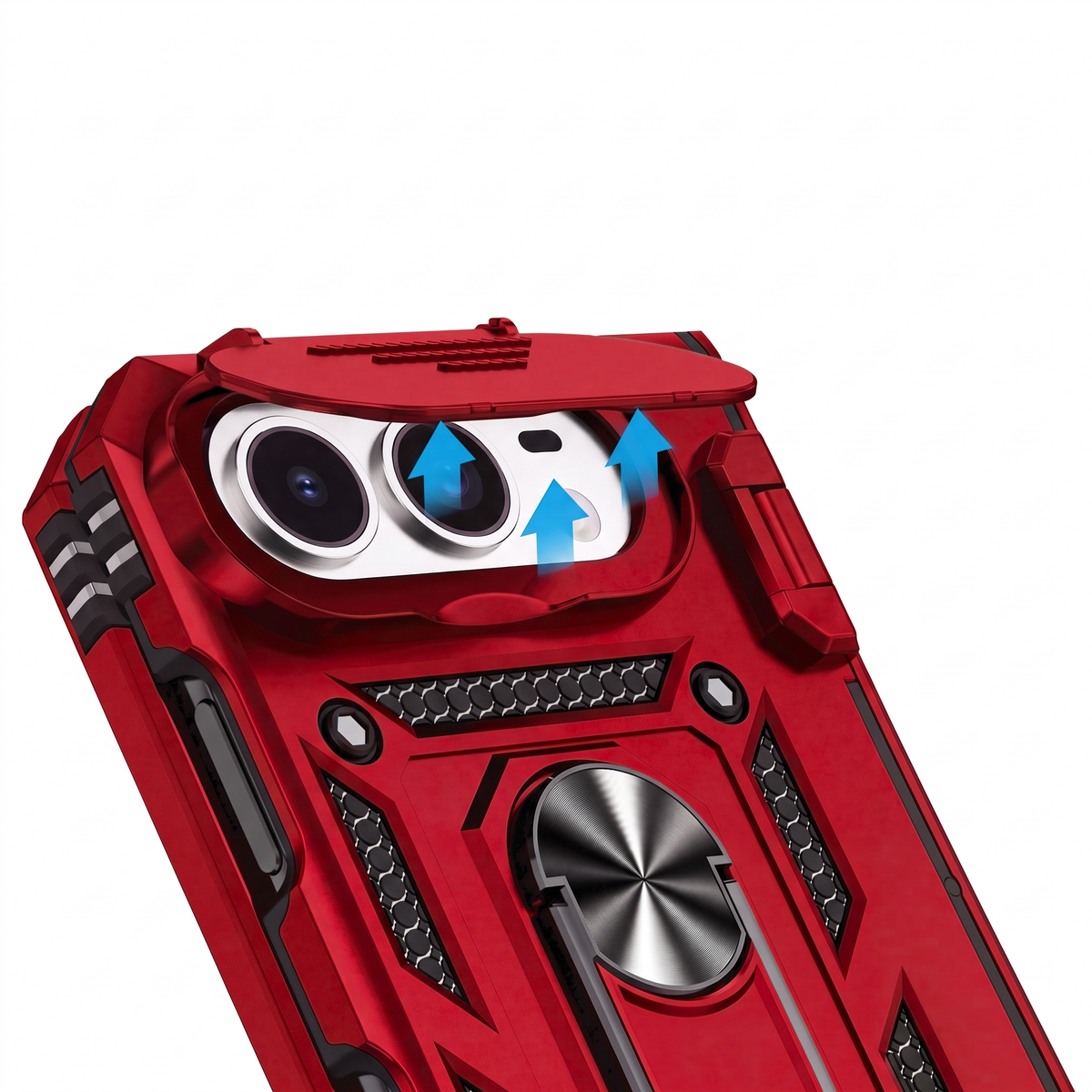 Sentinel H1 iPhone Duo rugged case in Red - camera cover close-up