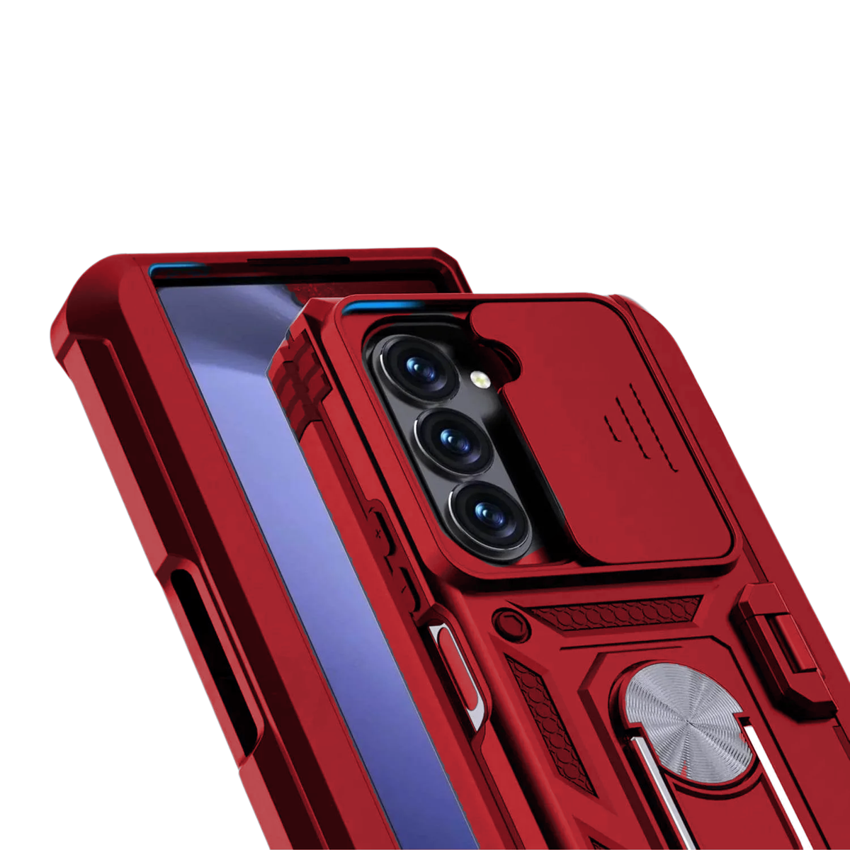 Sentinel H1 Galaxy Z Fold case in Red - close-up of camera cover and rotating ring