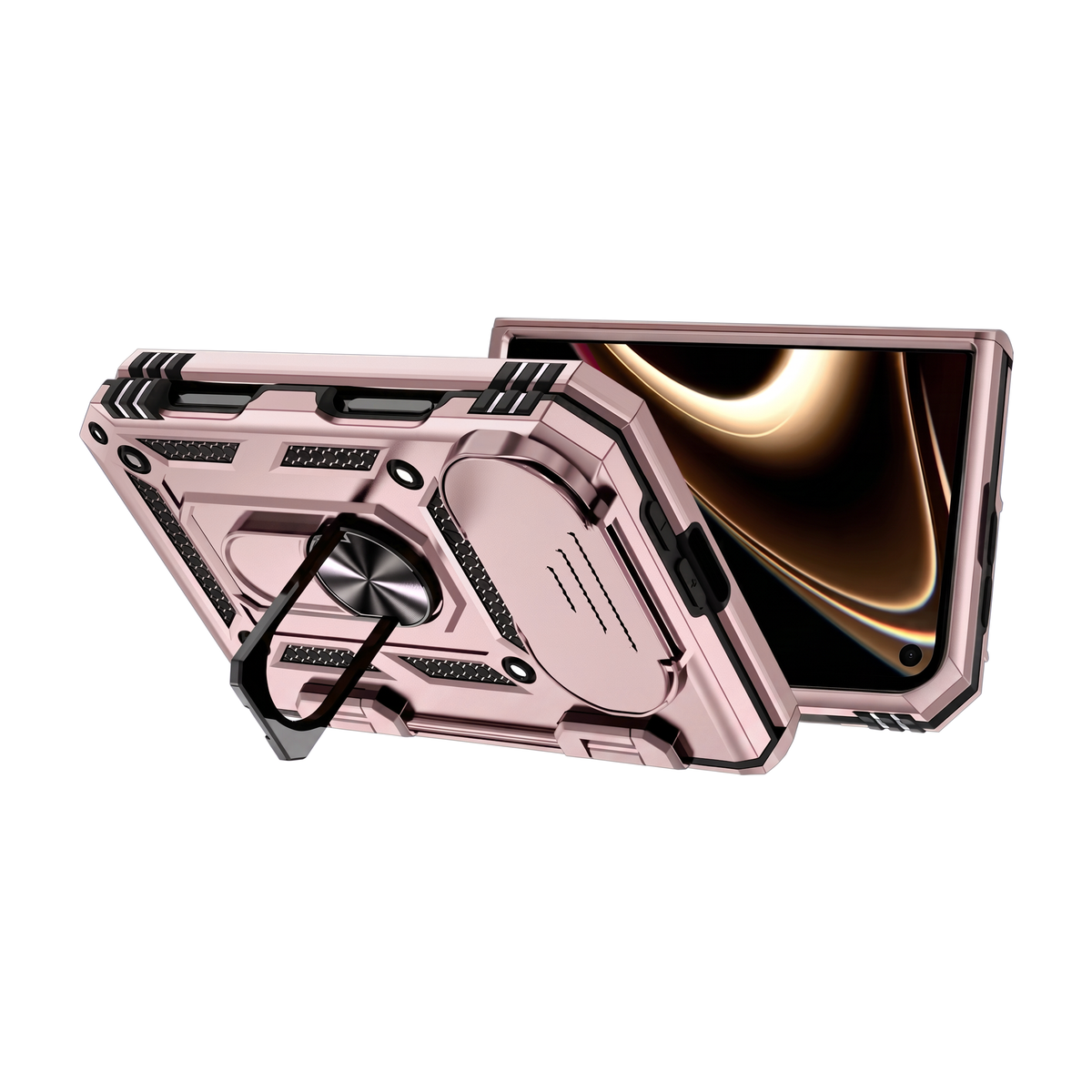 Sentinel H1 iPhone Duo rugged case in Rose Gold - split view of both halves with ring kickstand and full protection