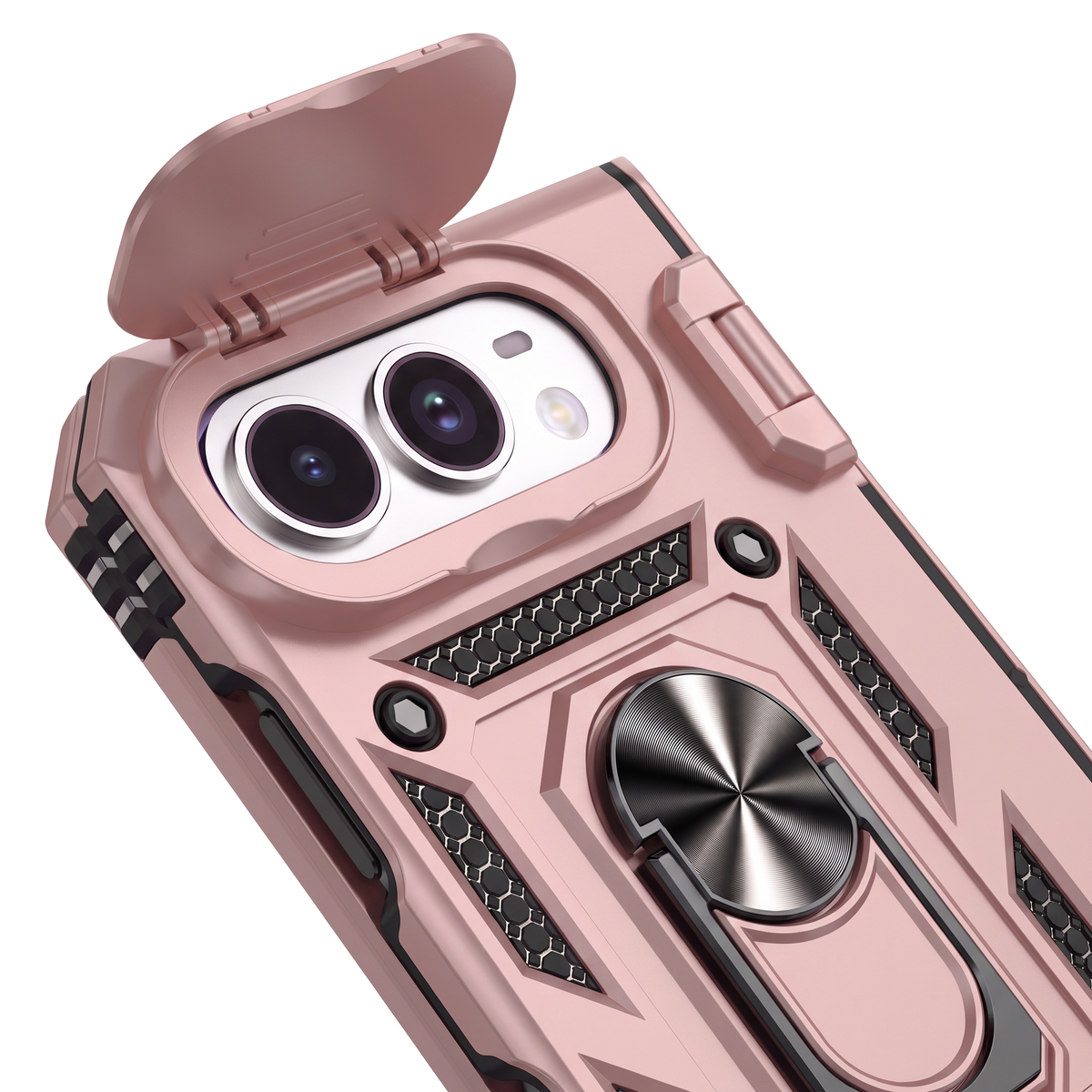 Sentinel H1 iPhone Duo rugged case in Rose Gold - back detail with flip camera cover, ring and grip panels