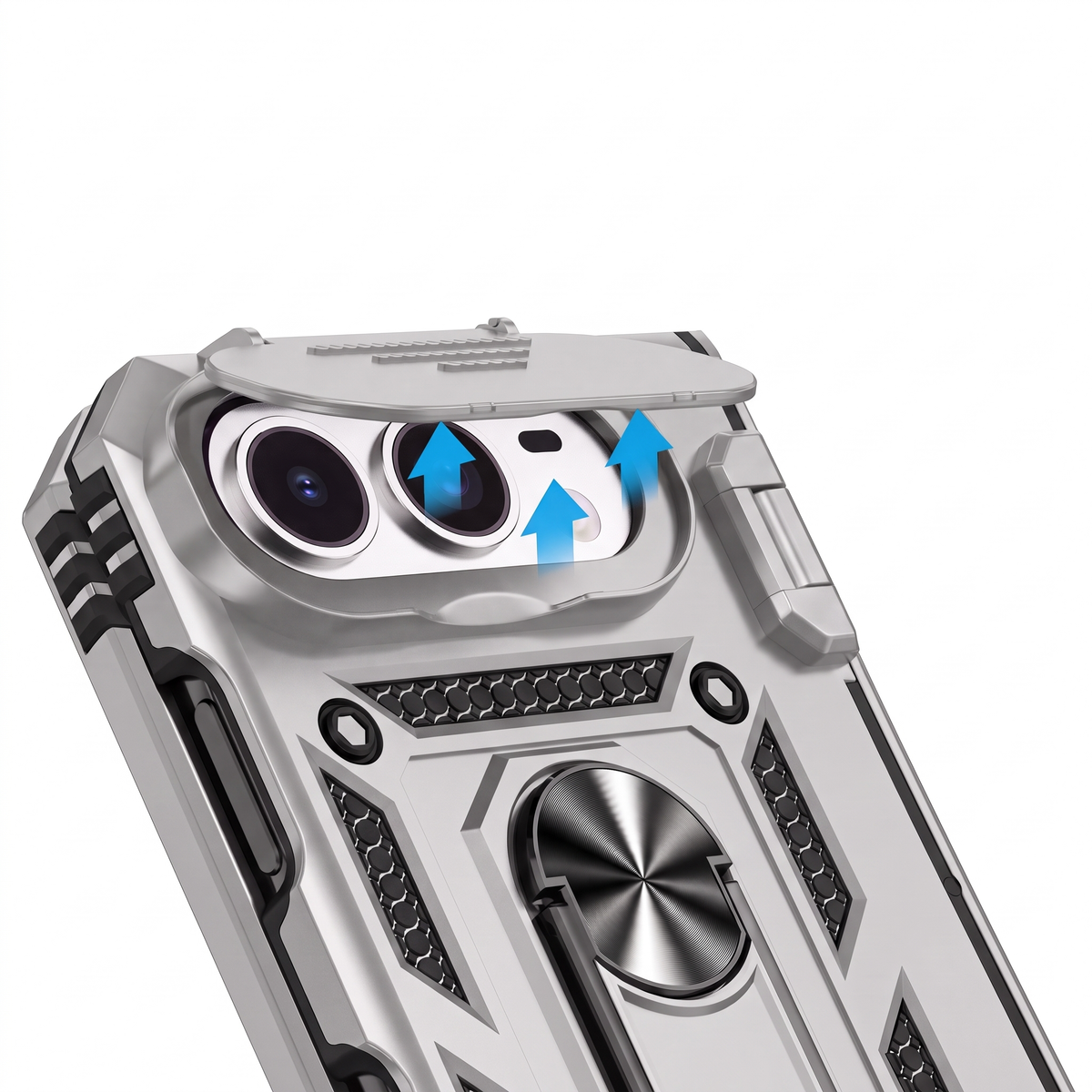 Sentinel H1 iPhone Duo rugged case in Silver - camera cover close-up