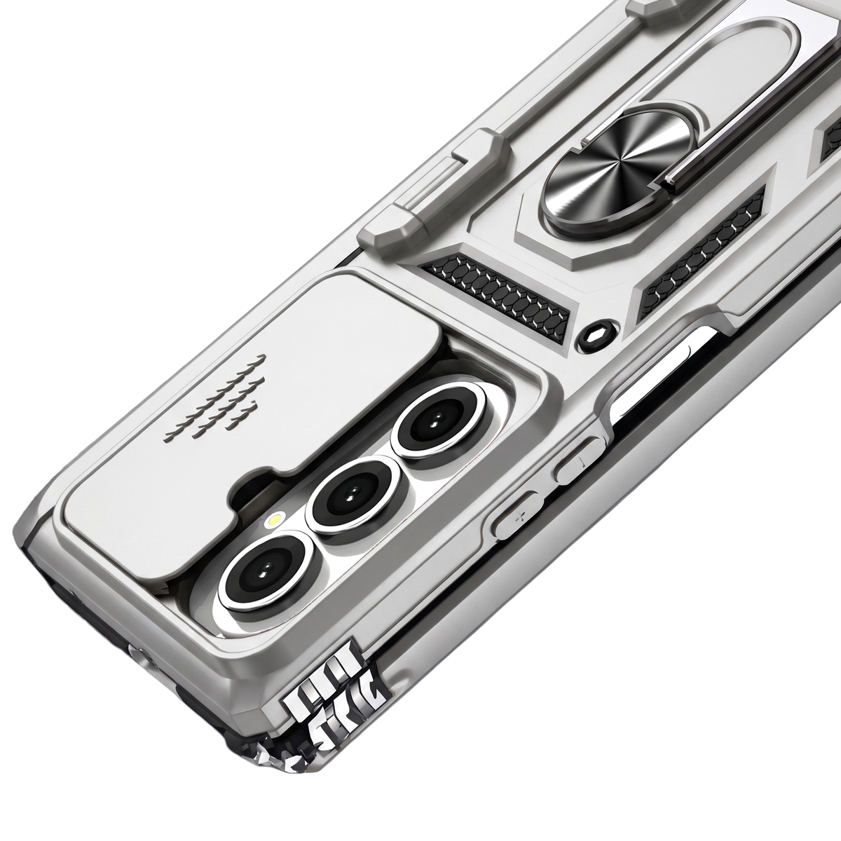 Sentinel H1 Galaxy Z Fold case in Silver - back detail with camera cutout, ring and grip panels