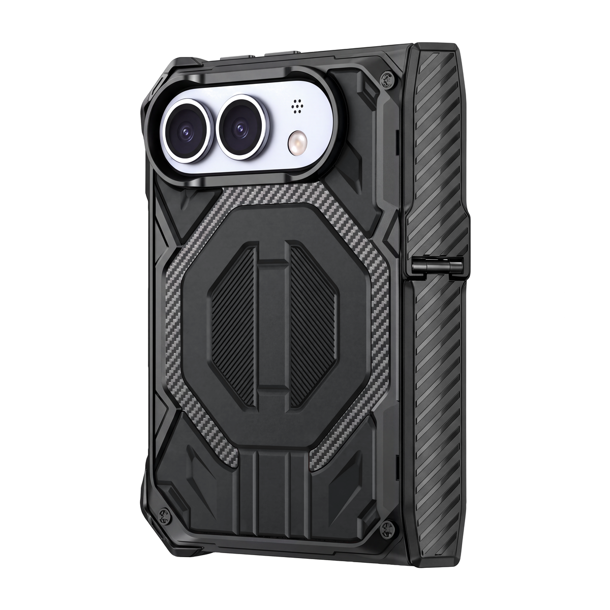 Sentinel H2 iPhone Duo rugged case in Black with carbon-fibre armour panels and flip-out kickstand - rear view