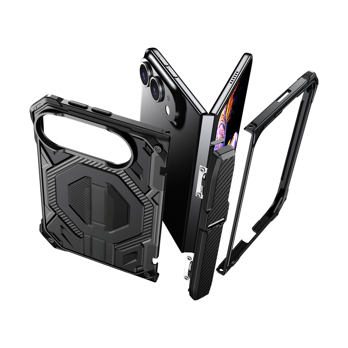Sentinel H2 iPhone Duo case in Black - exploded view of multi-layer protection