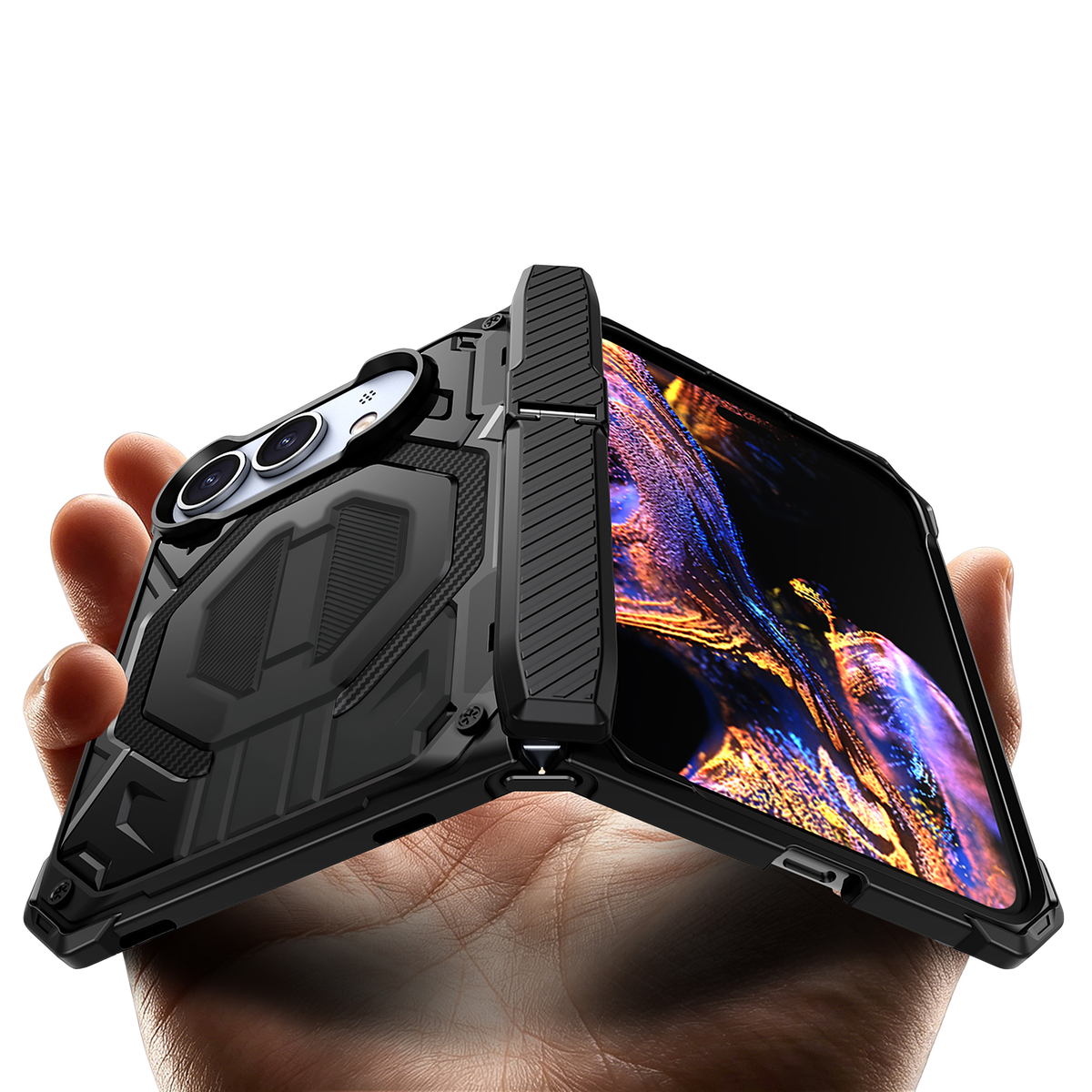 Sentinel H2 iPhone Duo rugged case in Black with carbon-fibre armour panels and flip-out kickstand - held in hand