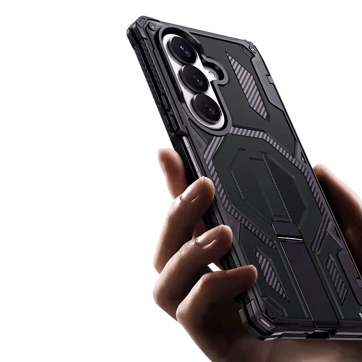 Sentinel H2 Galaxy Z Fold rugged case in Black with carbon-fibre armour panels and flip-out kickstand - rear view held in hand