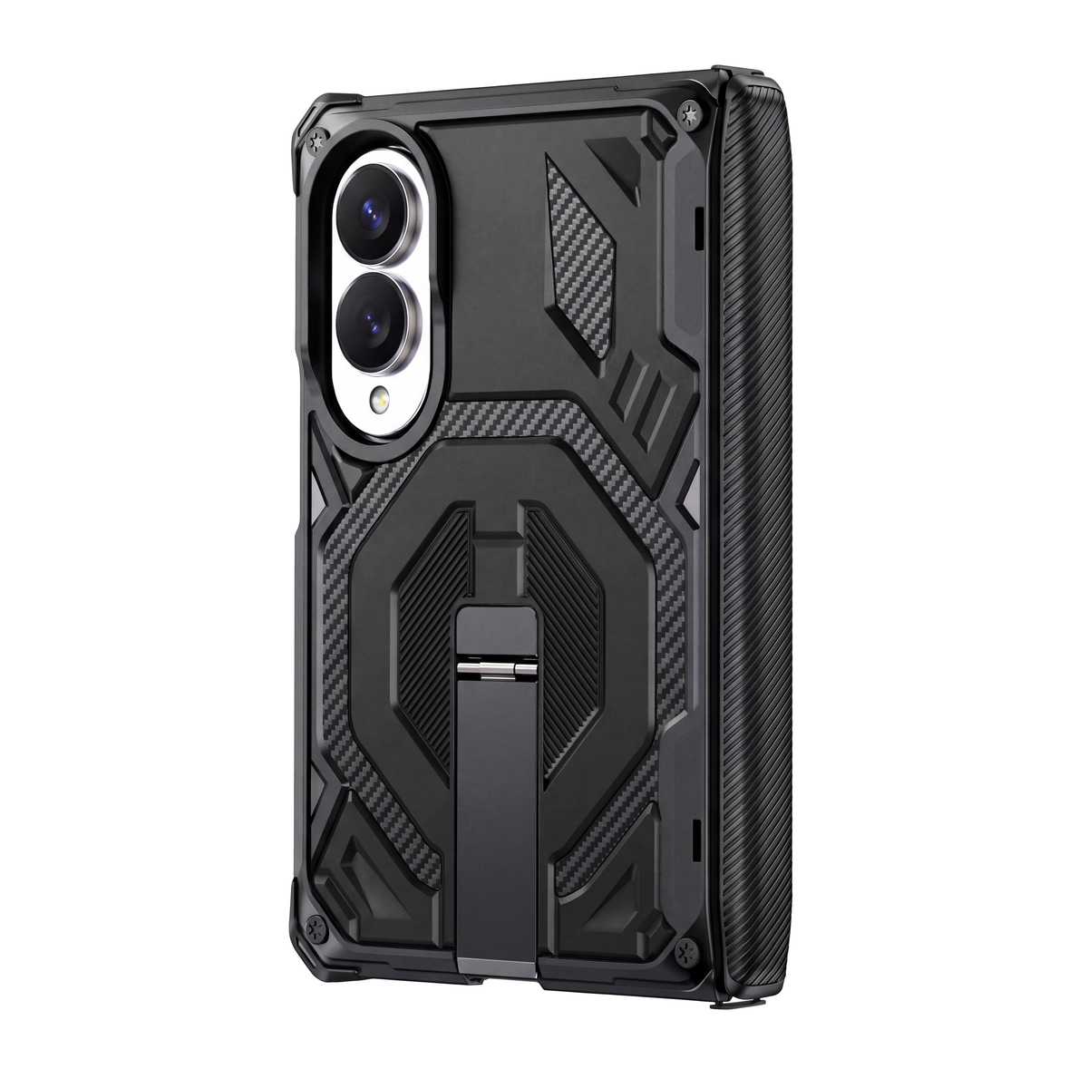 Sentinel H2 Galaxy Z Fold 8 rugged case in Black with carbon-fibre armour panels and flip-out kickstand - rear view