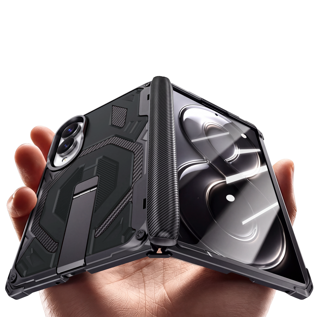 Sentinel H2 Galaxy Z Fold 8 rugged case in Black with carbon-fibre armour panels and flip-out kickstand - held in hand