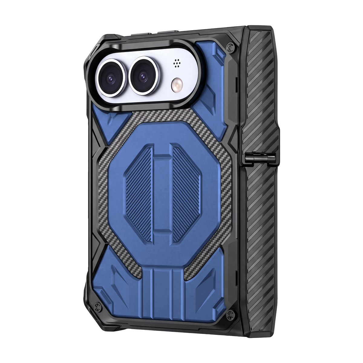 Sentinel H2 iPhone Duo rugged case in Blue with carbon-fibre armour panels and flip-out kickstand - rear view