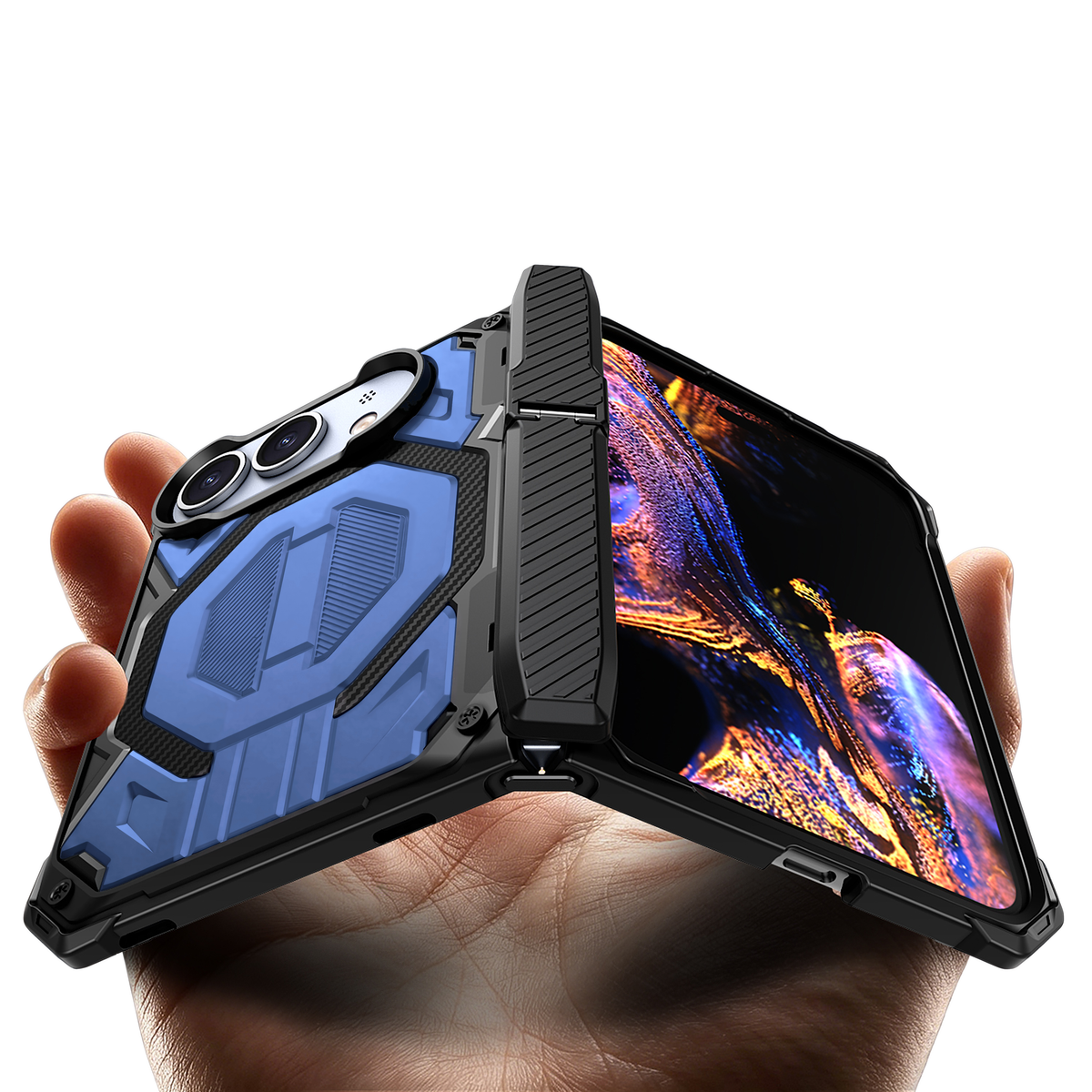 Sentinel H2 iPhone Duo rugged case in Blue with carbon-fibre armour panels and flip-out kickstand - held in hand