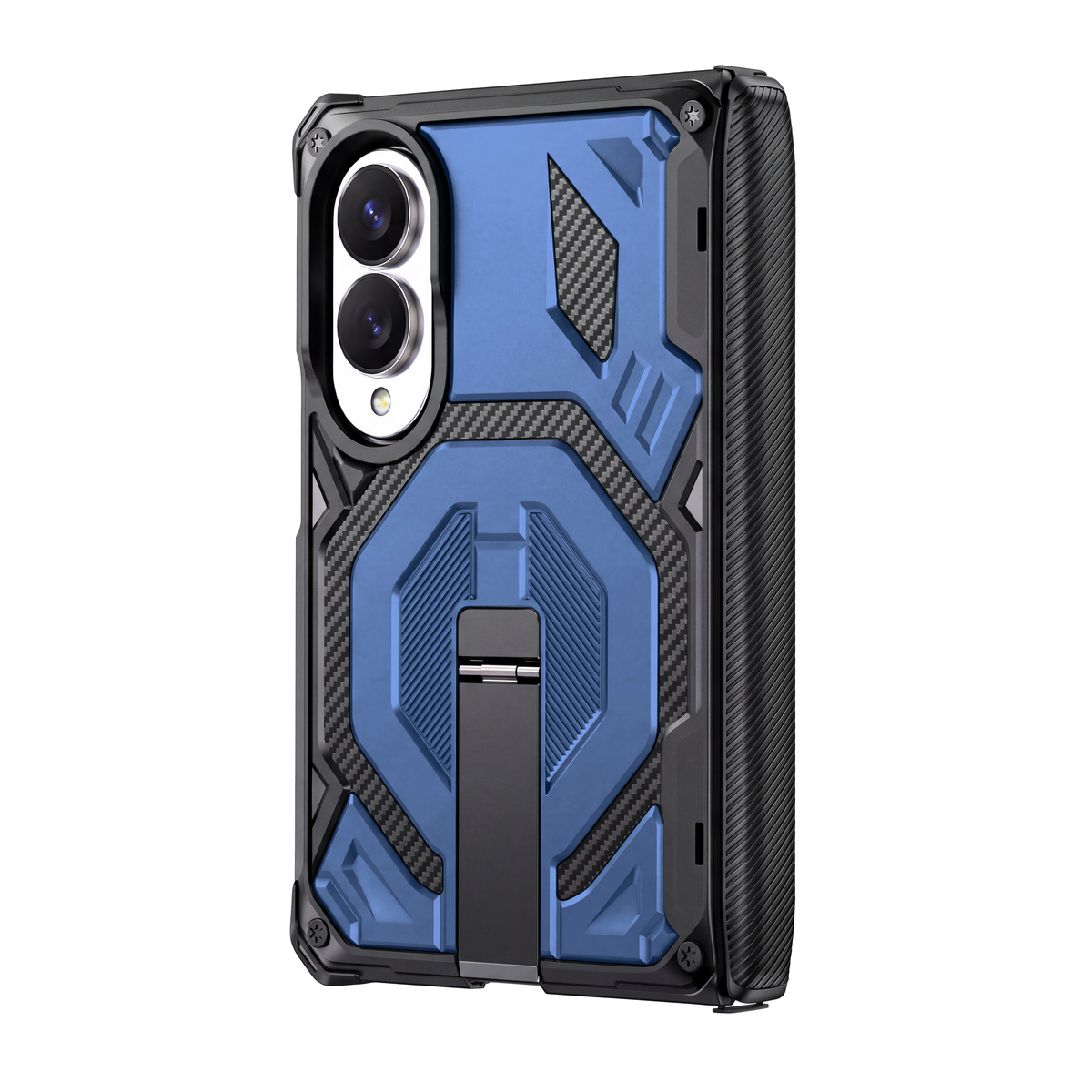 Sentinel H2 Galaxy Z Fold 8 rugged case in Blue with carbon-fibre armour panels and flip-out kickstand - rear view