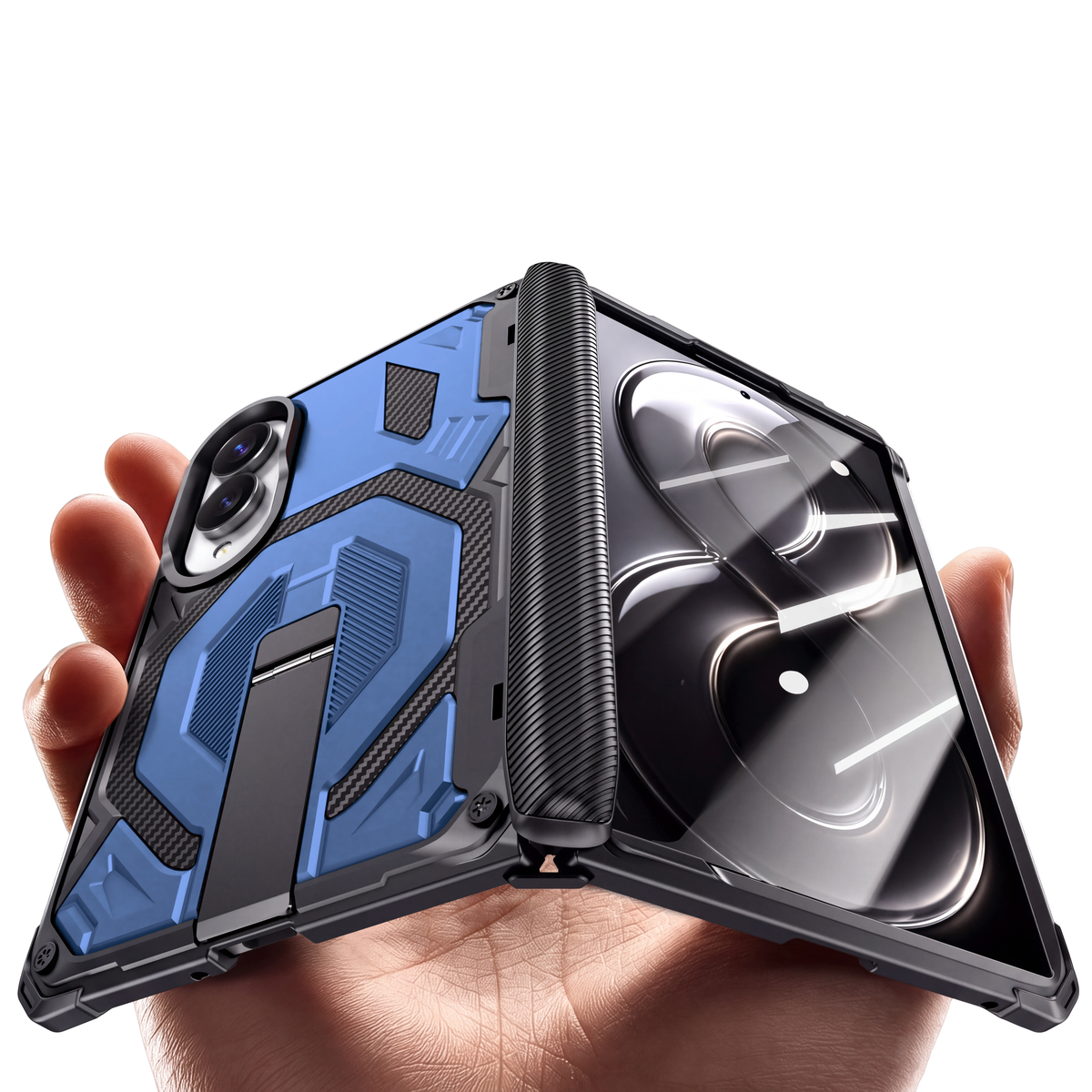 Sentinel H2 Galaxy Z Fold 8 rugged case in Blue with carbon-fibre armour panels and flip-out kickstand - held in hand
