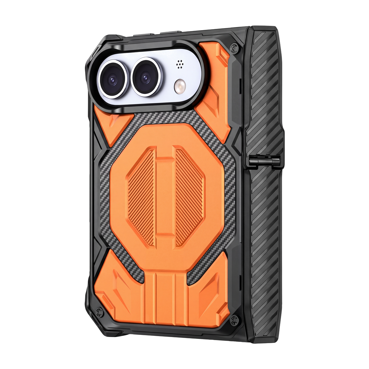 Sentinel H2 iPhone Duo rugged case in Orange with carbon-fibre armour panels and flip-out kickstand - rear view