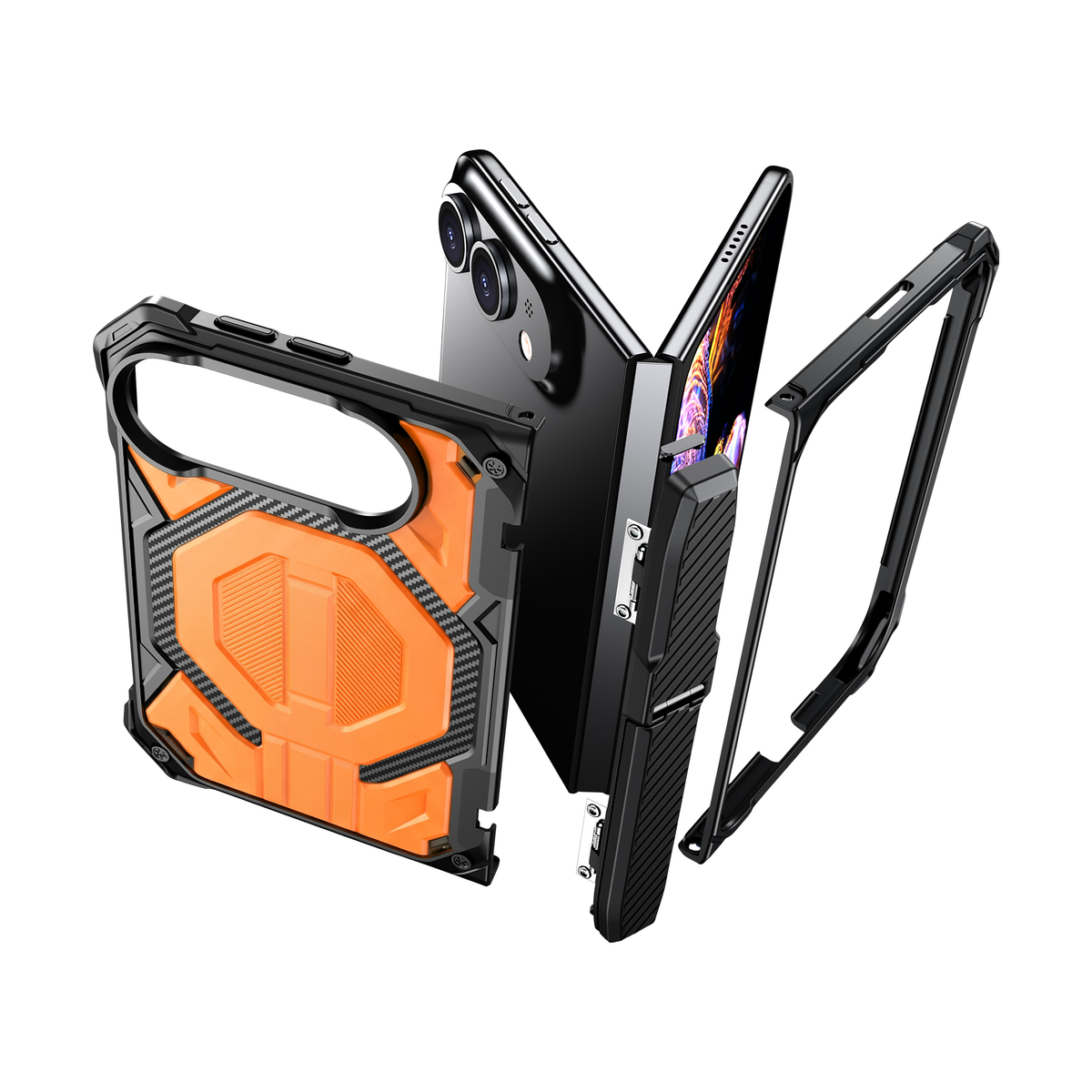 Sentinel H2 iPhone Duo case in Orange - exploded view of multi-layer protection