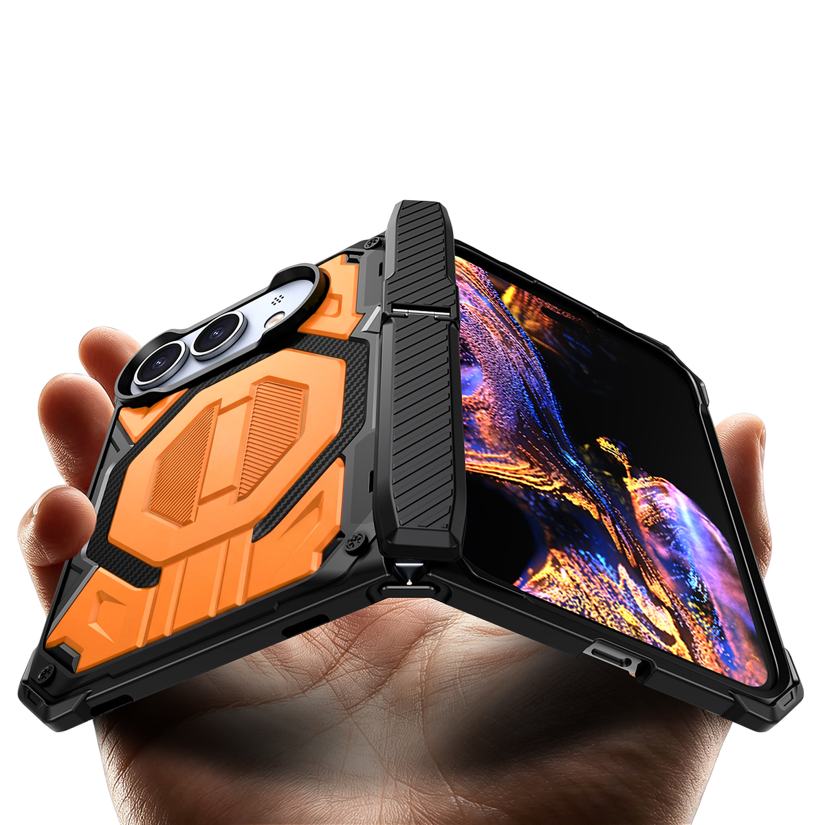 Sentinel H2 iPhone Duo rugged case in Orange with carbon-fibre armour panels and flip-out kickstand - held in hand