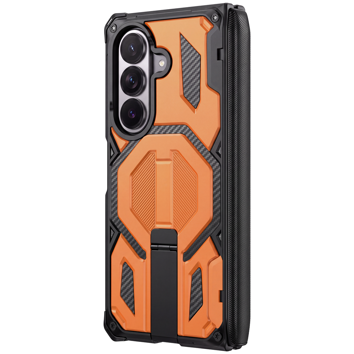 Sentinel H2 Galaxy Z Fold 8 Ultra rugged case in Orange with carbon-fibre armour panels and flip-out kickstand - rear view