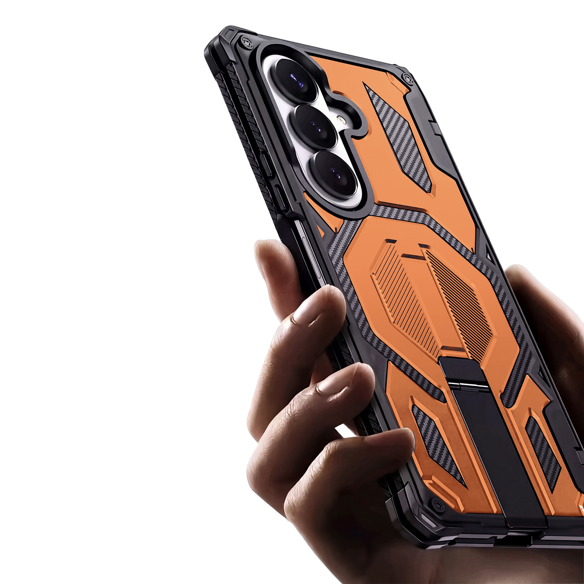 Sentinel H2 Galaxy Z Fold rugged case in Orange with carbon-fibre armour panels and flip-out kickstand - rear view held in hand