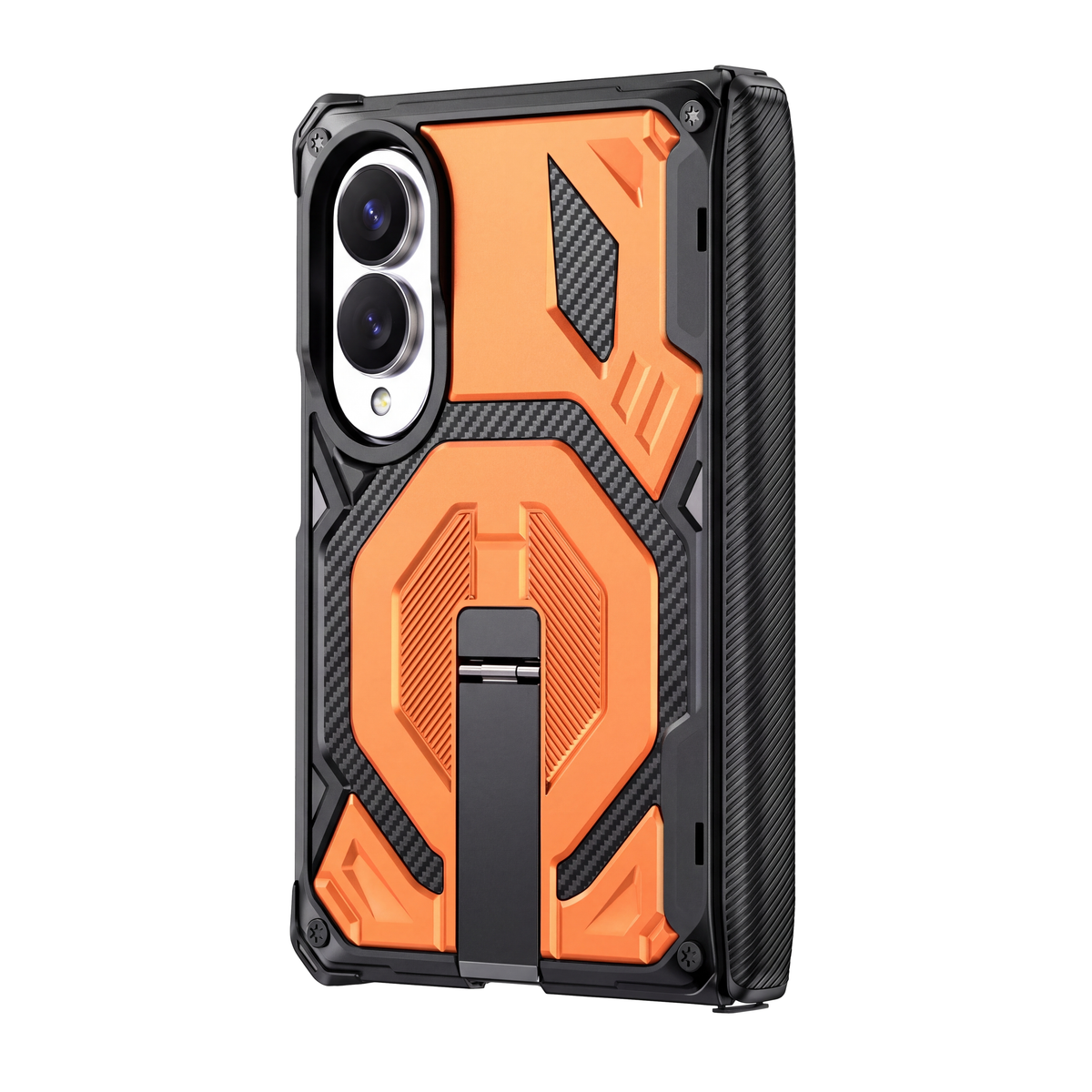 Sentinel H2 Galaxy Z Fold 8 rugged case in Orange with carbon-fibre armour panels and flip-out kickstand - rear view