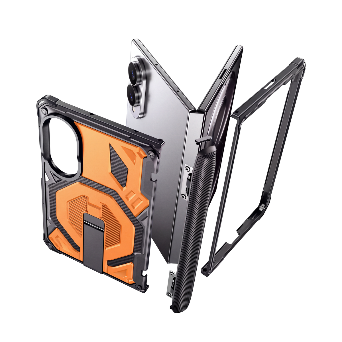 Sentinel H2 Galaxy Z Fold 8 case in Orange - exploded view of multi-layer protection