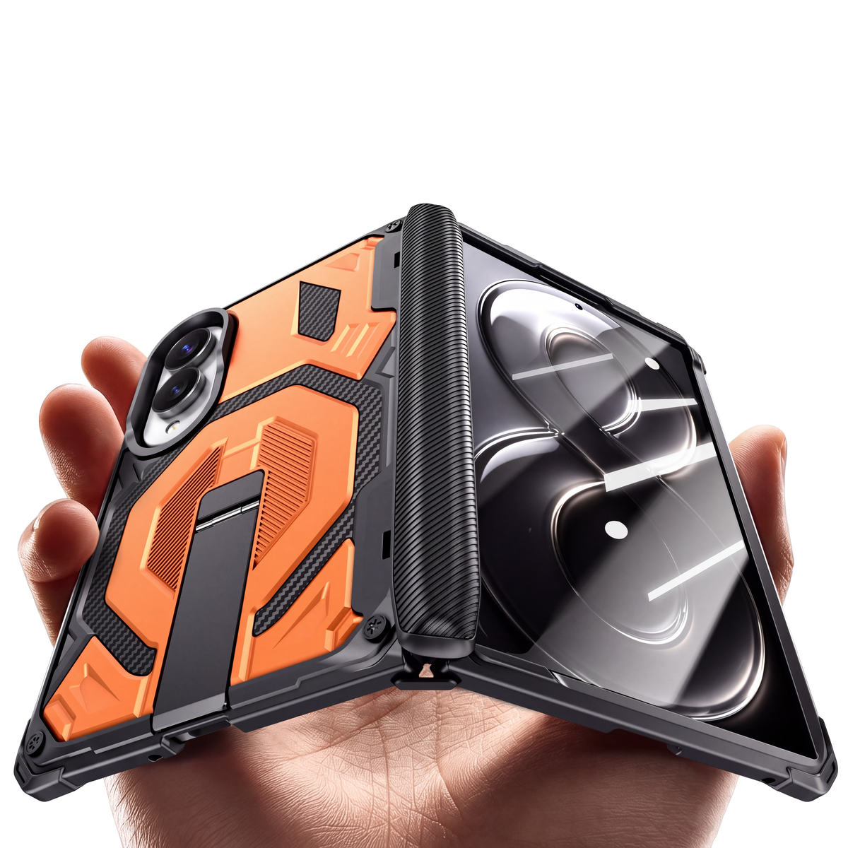 Sentinel H2 Galaxy Z Fold 8 rugged case in Orange with carbon-fibre armour panels and flip-out kickstand - held in hand