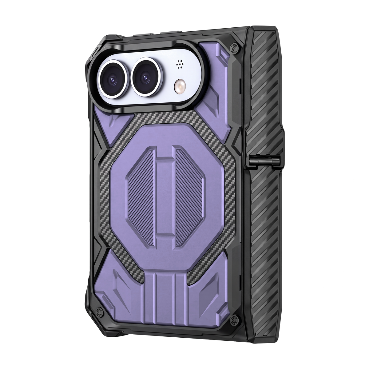 Sentinel H2 iPhone Duo rugged case in Purple with carbon-fibre armour panels and flip-out kickstand - rear view