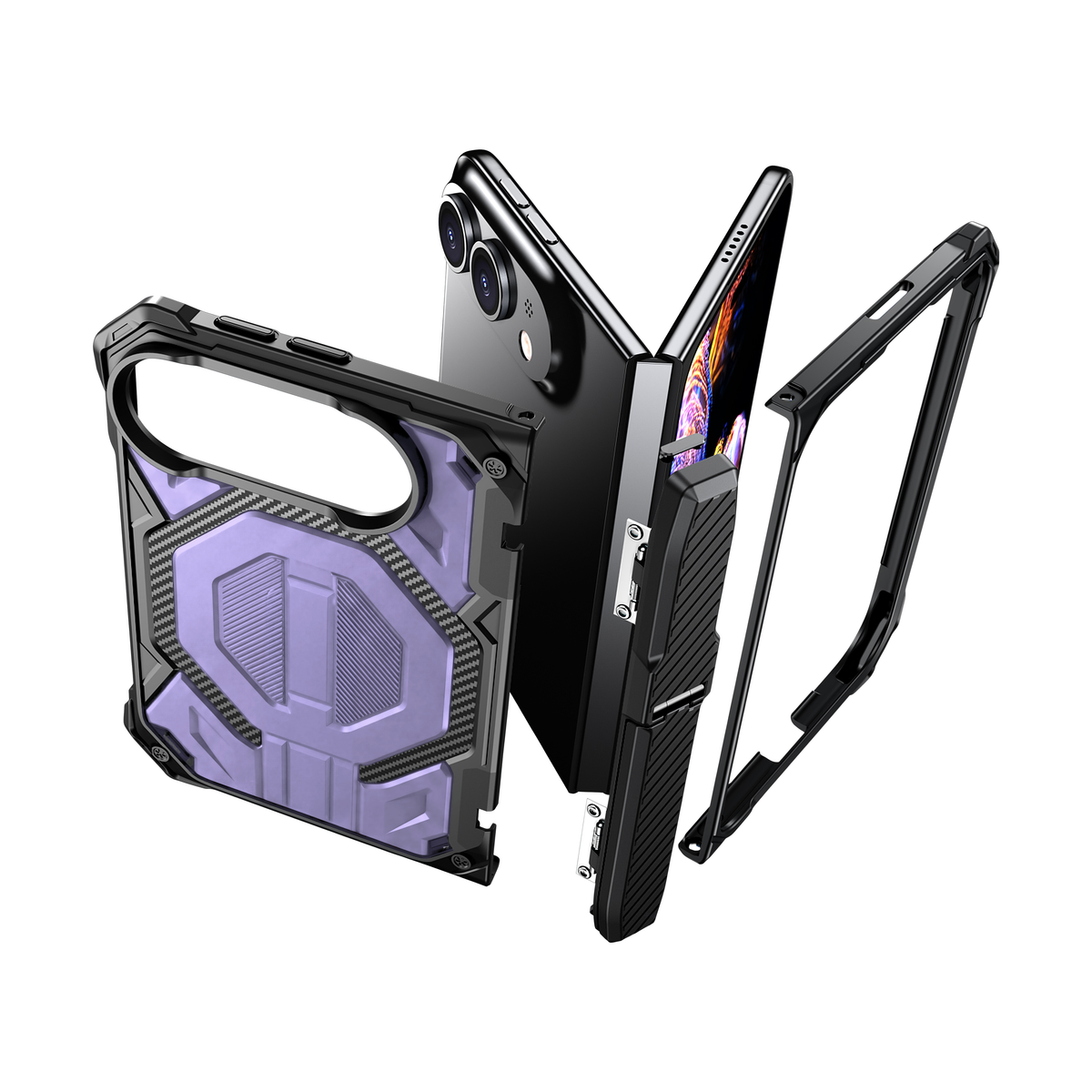 Sentinel H2 iPhone Duo case in Purple - exploded view of multi-layer protection