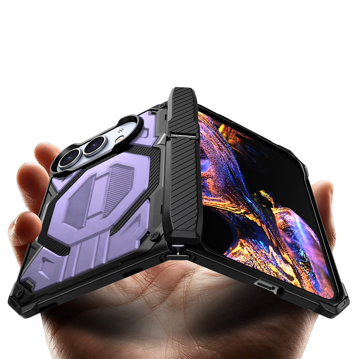 Sentinel H2 iPhone Duo rugged case in Purple with carbon-fibre armour panels and flip-out kickstand - held in hand