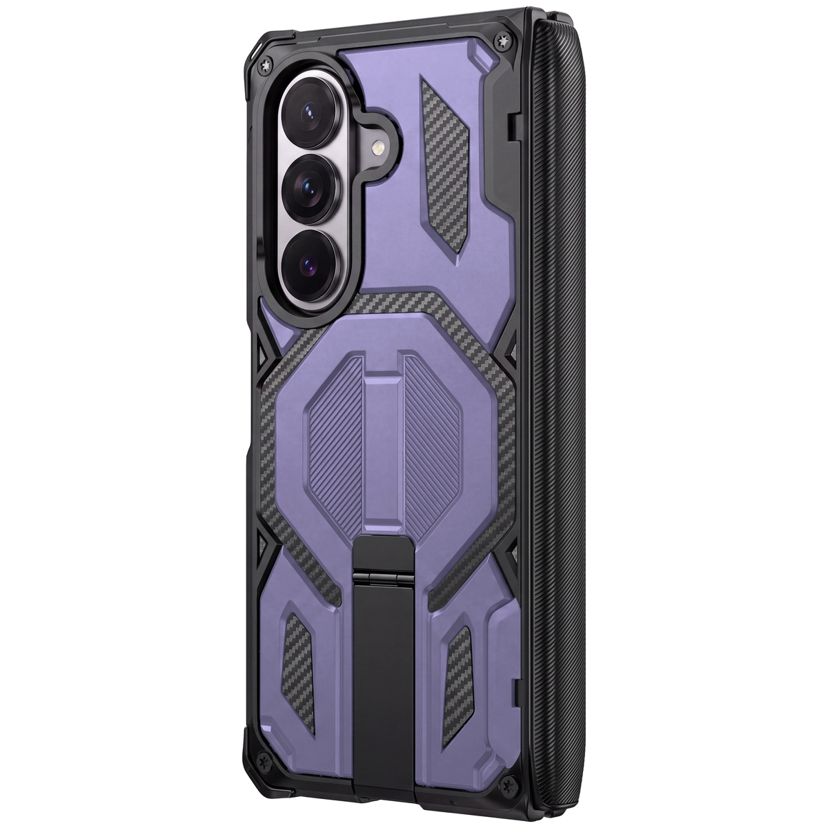 Sentinel H2 Galaxy Z Fold 8 Ultra rugged case in Purple with carbon-fibre armour panels and flip-out kickstand - rear view