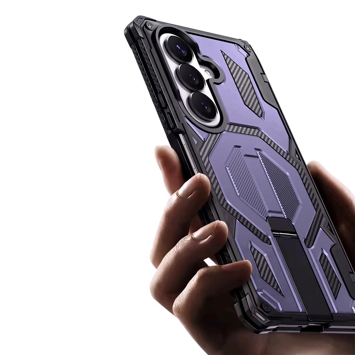 Sentinel H2 Galaxy Z Fold rugged case in Purple with carbon-fibre armour panels and flip-out kickstand - rear view held in hand