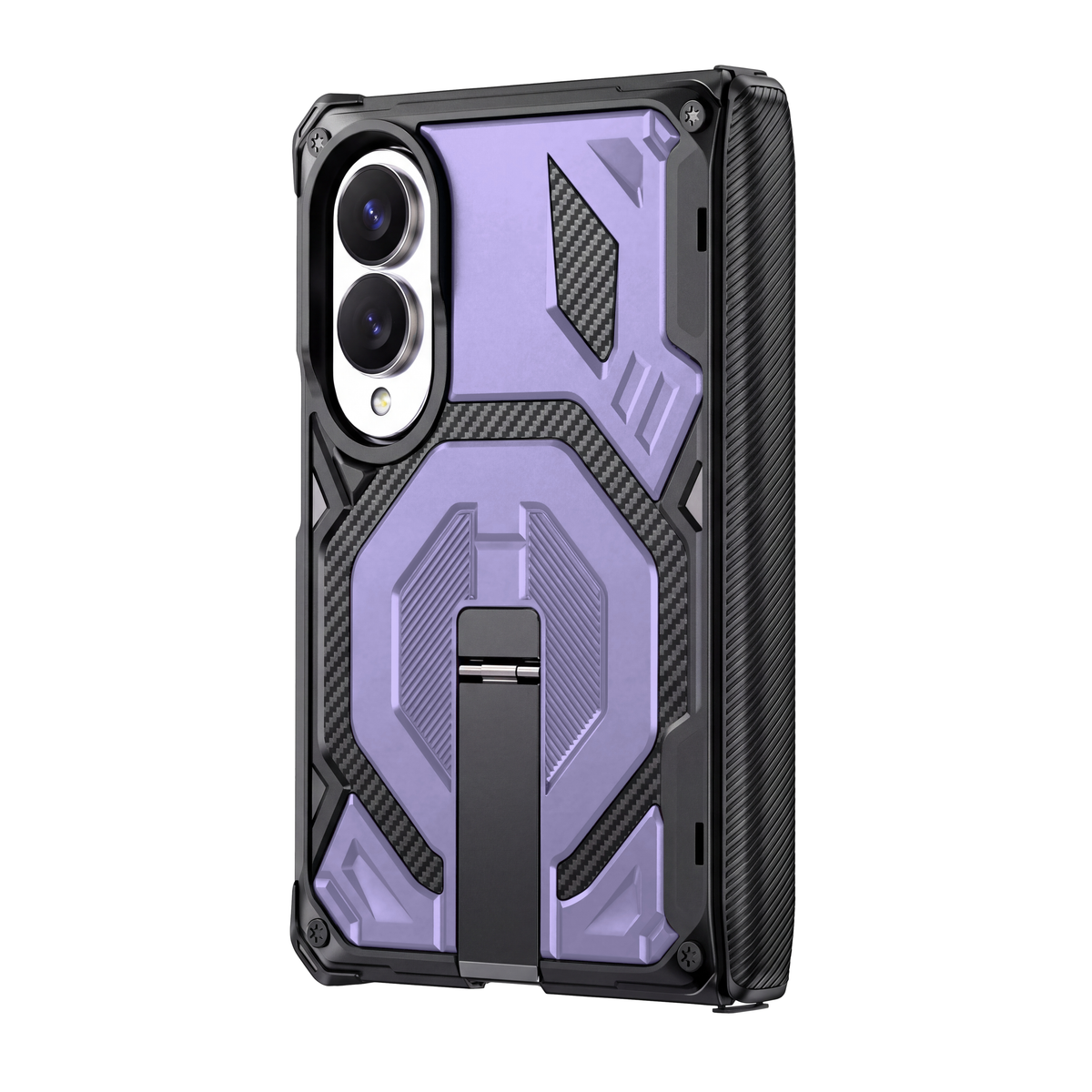 Sentinel H2 Galaxy Z Fold 8 rugged case in Purple with carbon-fibre armour panels and flip-out kickstand - rear view