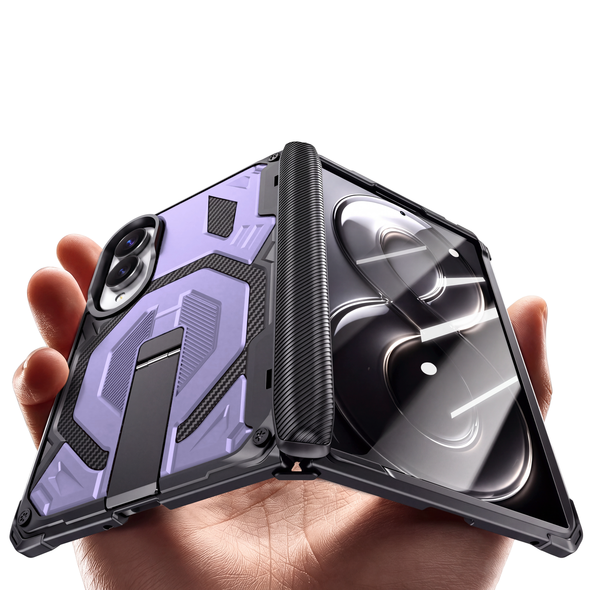 Sentinel H2 Galaxy Z Fold 8 rugged case in Purple with carbon-fibre armour panels and flip-out kickstand - held in hand
