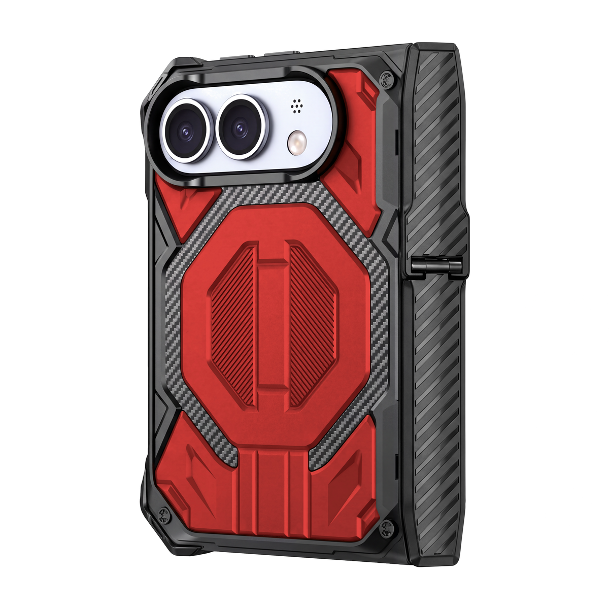 Sentinel H2 iPhone Duo rugged case in Red with carbon-fibre armour panels and flip-out kickstand - rear view