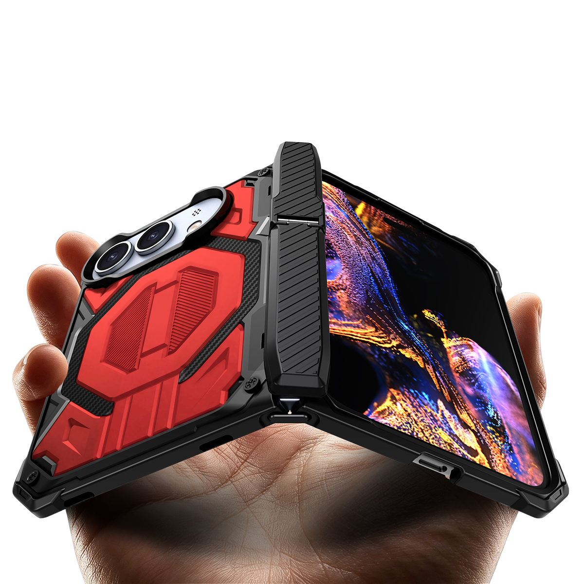 Sentinel H2 iPhone Duo rugged case in Red with carbon-fibre armour panels and flip-out kickstand - held in hand
