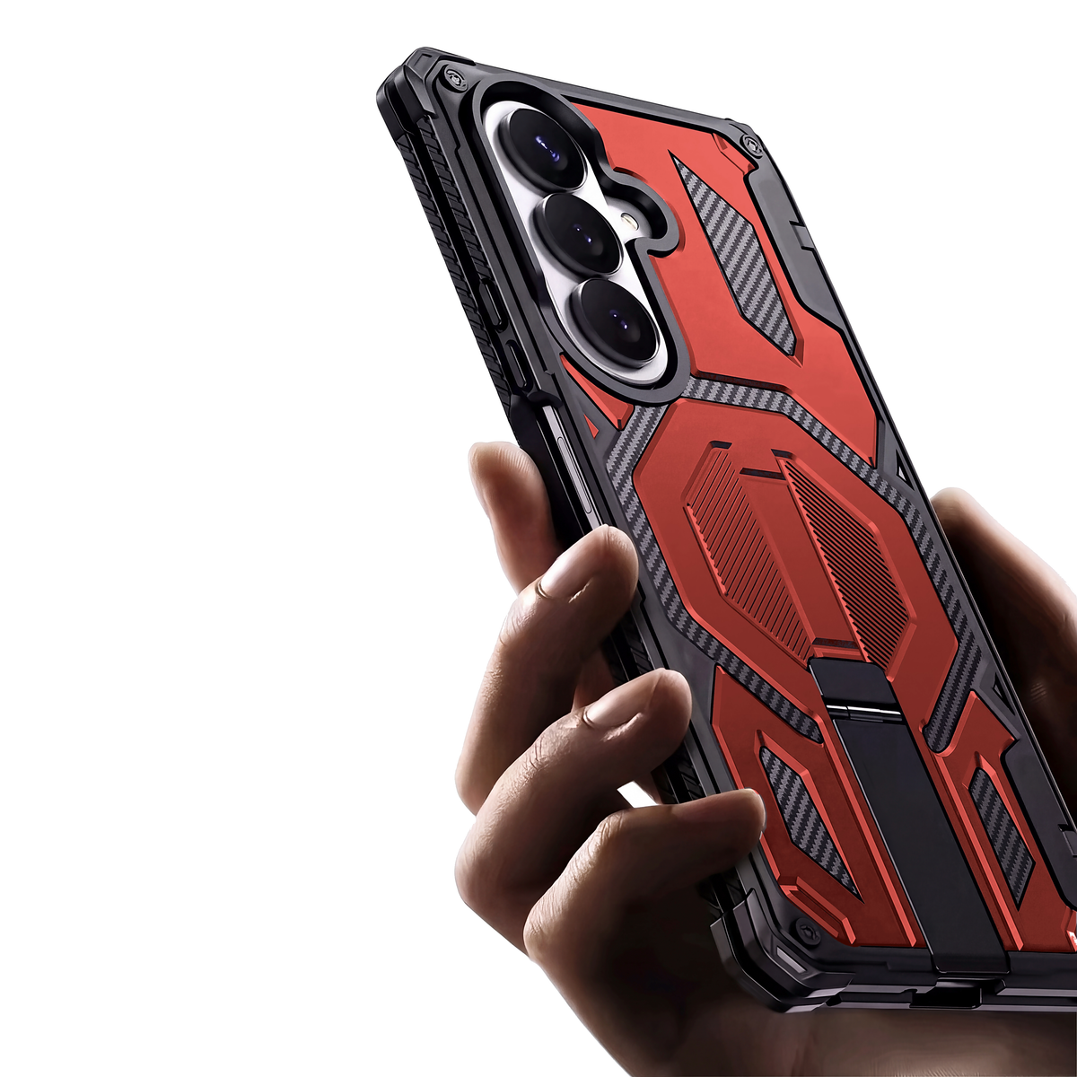 Sentinel H2 Galaxy Z Fold rugged case in Red with carbon-fibre armour panels and flip-out kickstand - rear view held in hand