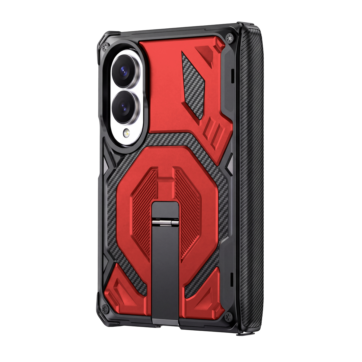Sentinel H2 Galaxy Z Fold 8 rugged case in Red with carbon-fibre armour panels and flip-out kickstand - rear view