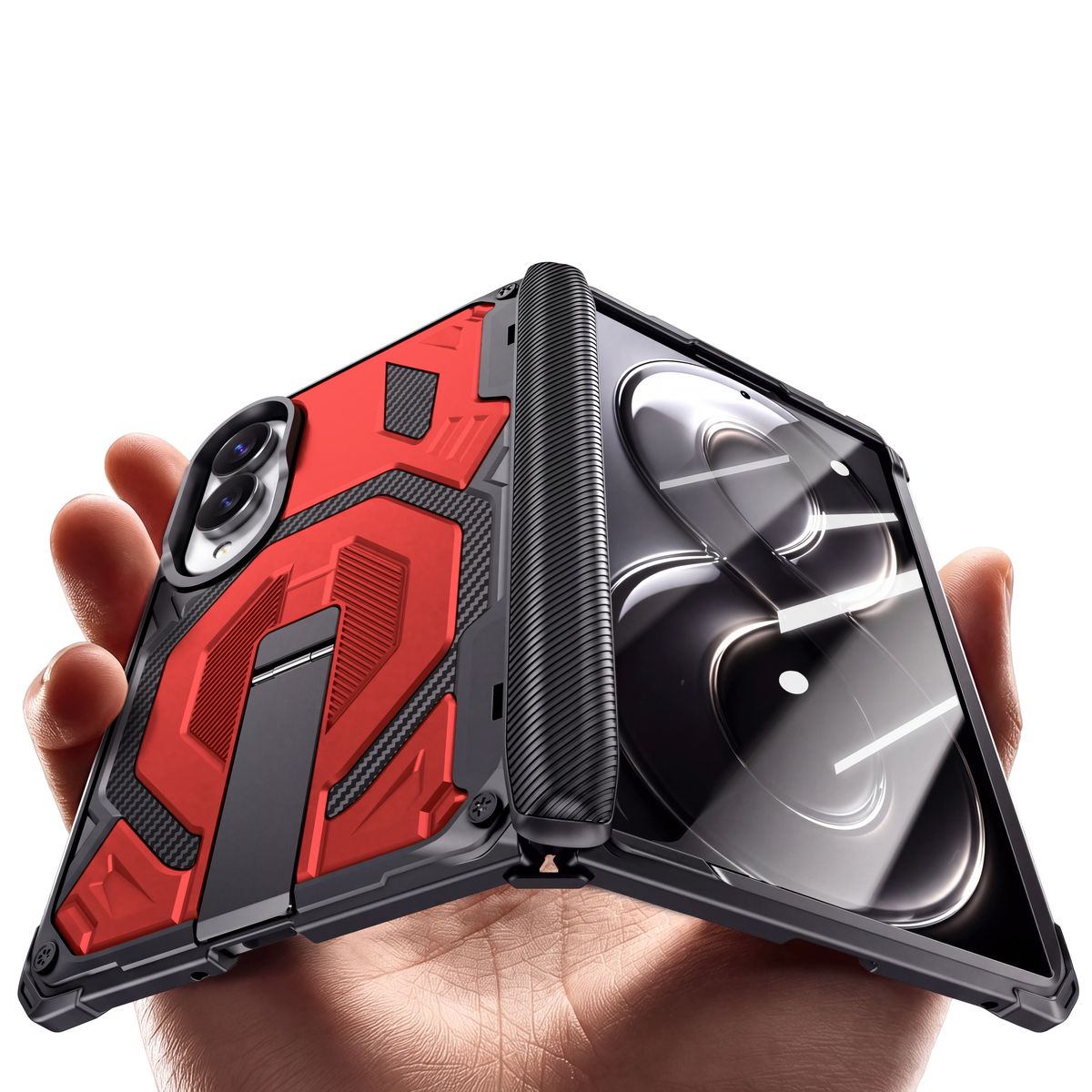 Sentinel H2 Galaxy Z Fold 8 rugged case in Red with carbon-fibre armour panels and flip-out kickstand - held in hand