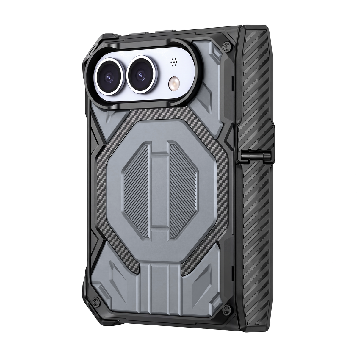 Sentinel H2 iPhone Duo rugged case in Silver with carbon-fibre armour panels and flip-out kickstand - rear view