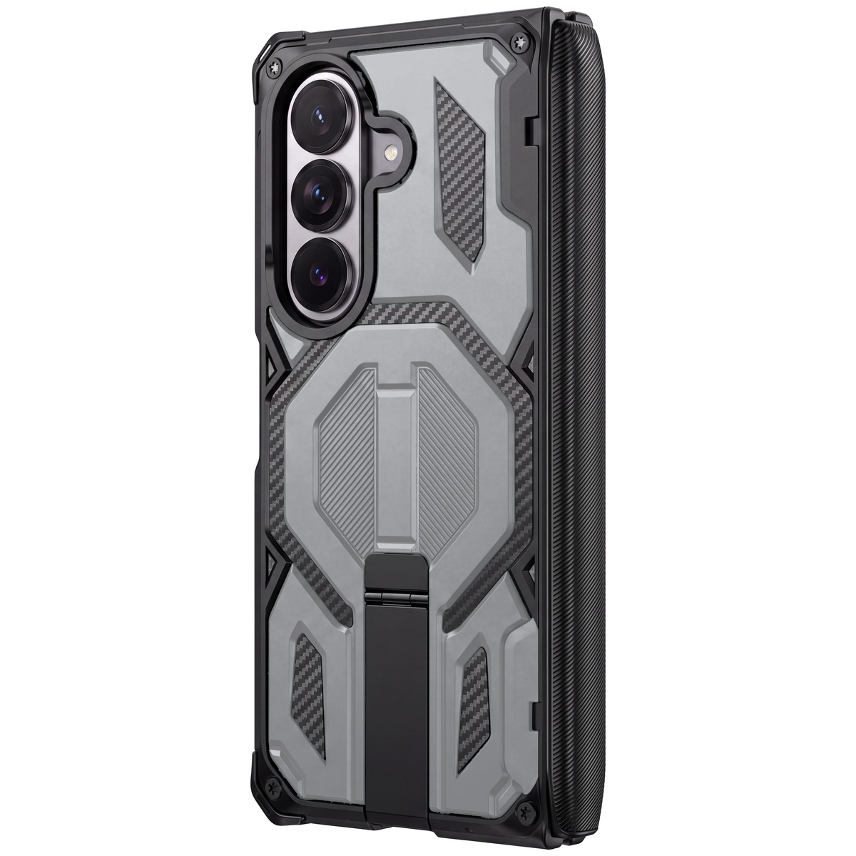Sentinel H2 Galaxy Z Fold 8 Ultra rugged case in Silver with carbon-fibre armour panels and flip-out kickstand - rear view