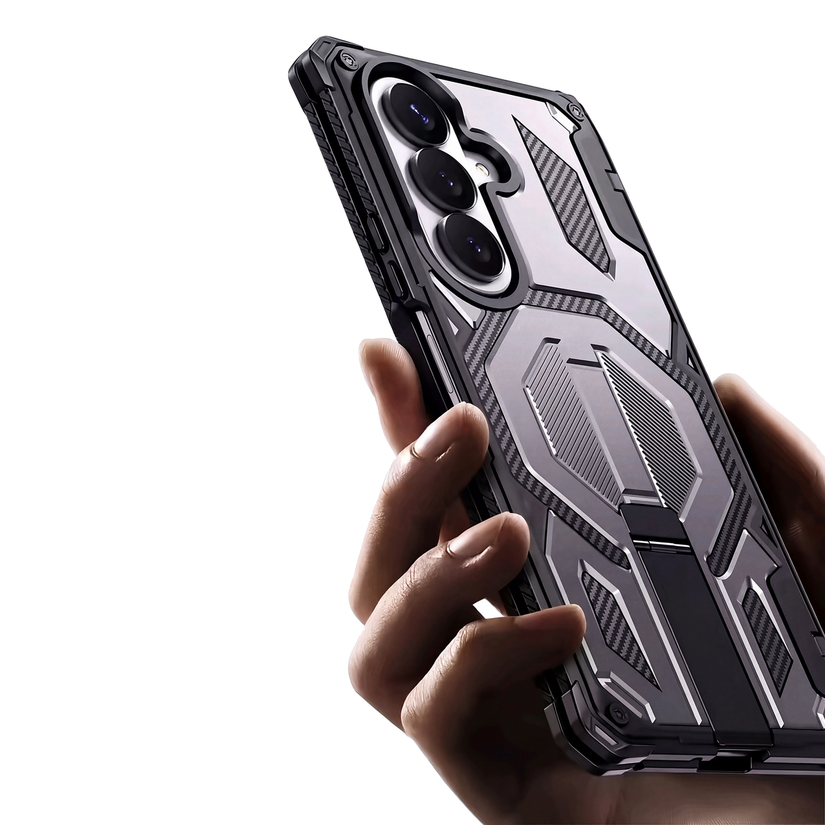 Sentinel H2 Galaxy Z Fold rugged case in Silver with carbon-fibre armour panels and flip-out kickstand - rear view held in hand